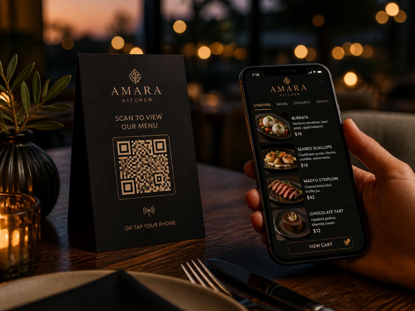 Guest scanning a branded QRTab.ai QR code at a restaurant table and browsing the digital menu